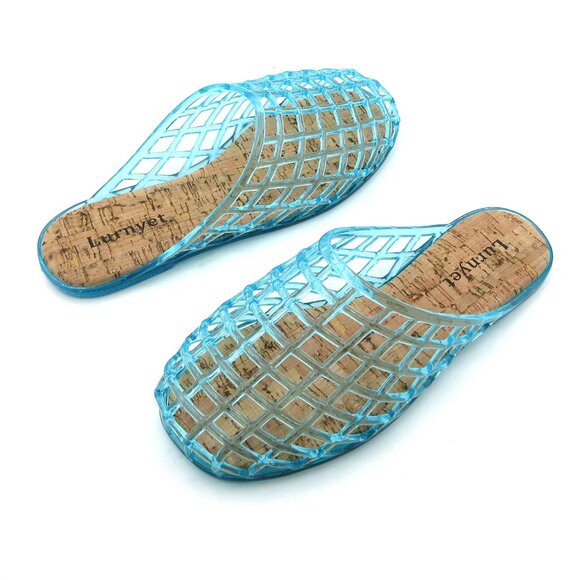 Lurnyet Womens Blue Jelly Comfort Cushion Slide Flat Sandal with Cork Footbed - Picture 4 of 7